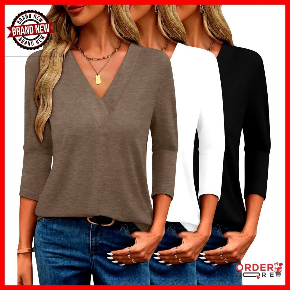 3 Pack V-Neck 3/4 Sleeve Loose T-Shirts Business Casual Blouses